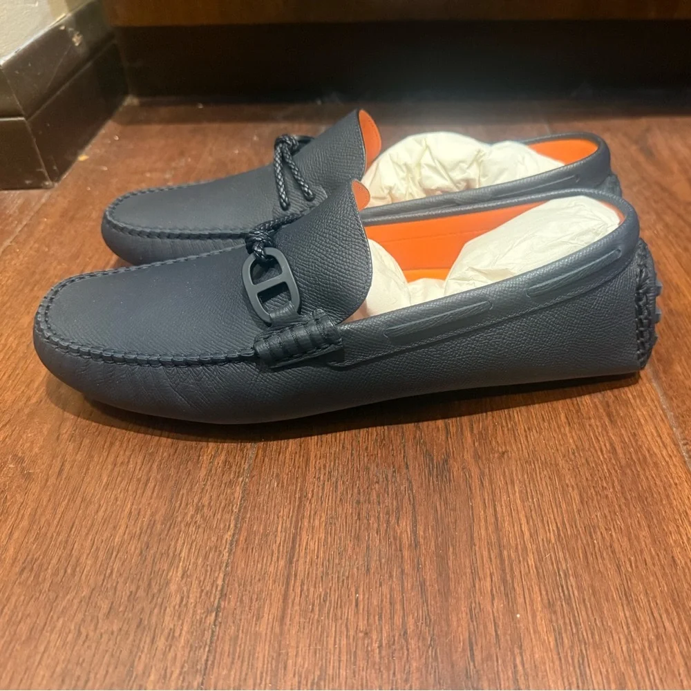 AUTHENTIC MENS HERMES ALLESANDRO LEATHER LOAFERS, SIZE US 9.5, NAVY - Picture 8 of 15